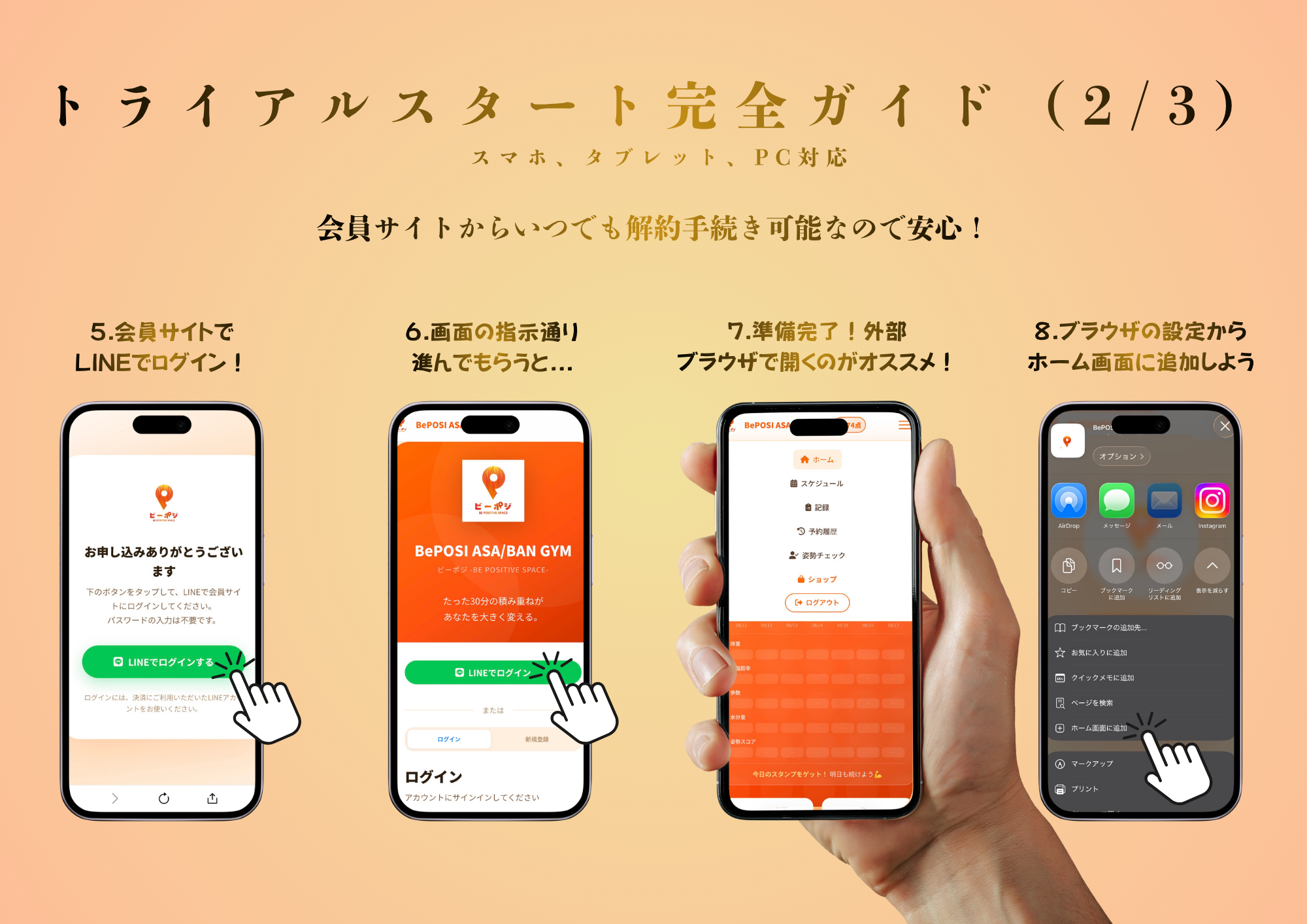 トライアルスタート完全ガイド(2/3): 5.会員サイトでLINEでログイン！ 6.画面の指示通り進んでもらうと... 7.準備完了！外部ブラウザで開くのがオススメ！ 8.ブラウザの設定からホーム画面に追加しよう